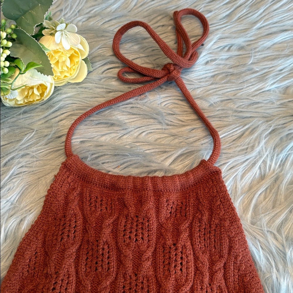 Windsor Terracotta Knit Crochet Halter Tank sz S - Picture 2 of 7